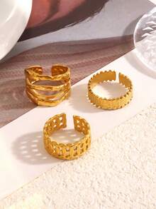 3pcs/Set Stainless Steel Geometric Line Hoop Rings, Suitable For Women's Daily And Party Wear - Multicolor - View 4