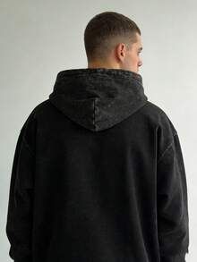 2-Piece Set  400g Heavyweight Fabric Men's Solid Color Drop Shoulder Long Sleeve Drawstring Pocket Casual Hoodie, Autumn/Winter,Back To School  Street Life  Vintage Washed Oversized Hoodie Sweatshirt (With Reinforced Neckline, Hemline And Shoulder Seams To Prevent Deformation) Discounted Basic Model Polyester Cotton - Đen + Xám - Xem 4