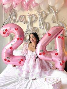 3件套樱桃装饰数字气球，包含一个32英寸粉色数字气球、樱桃贴纸装饰，适用于生日装饰、樱桃主题生日派对、场景装饰、房间装饰、生日庆典装饰、迎婴派对、摄影道具、周年纪念、婚礼、樱桃主题派对装饰、生日庆典派对用品。 - 彩色 - 查看 3