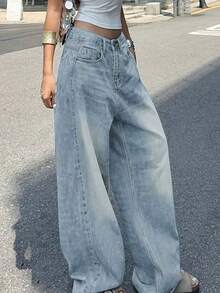 Must-Have Women's High Waisted Baggy Jeans | Vintage Washed Black/Light Blue Denim | Oversized Y2K Streetwear | Winter Casual Loose-Fit Pants | Versatile Layering Bottoms - 淺藍 - 查看 3