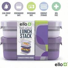 Kitchen Storage Set  &  Ello Paquete de 2 recipientes de plástico para almacenamiento de alimentos a prueba de fugas base de silicona sin BPA apto para congelador microondas y lavaplatos Wisteria - Glicina - Ver 3
