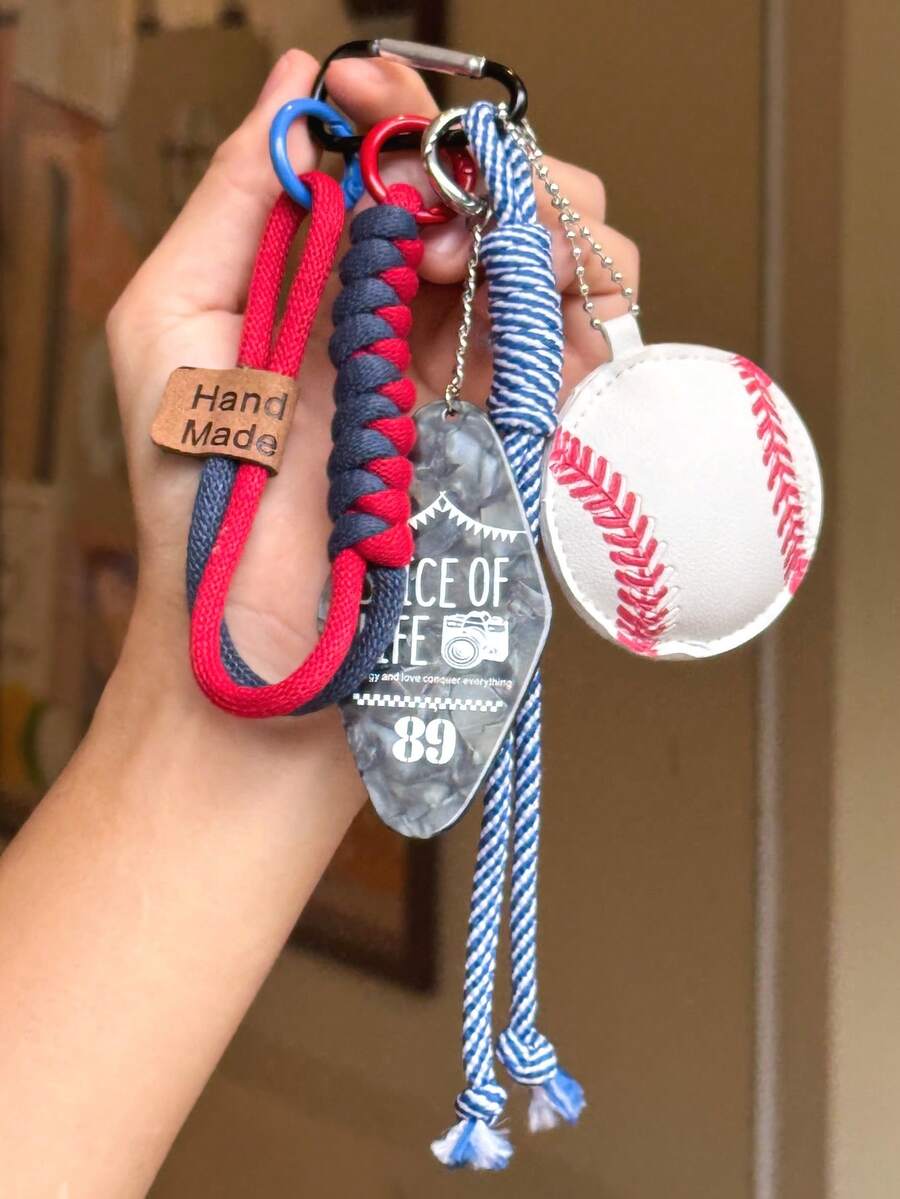 1pc Street Sports Retro Baseball Keychain Bag Charm, Handmade Woven Lanyard Pendant