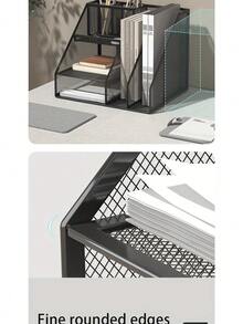 オールインワンメッシュワークスペースオーガナイザー - 3段レタートレイ、フォルダホルダー、ペンホルダー2個付き、オープンコンパートメント - コンパクトデスクトップオーガナイザー、オフィス・小規模ビジネス向け - 耐久性メッシュファイルオーガナイザー（ブラック） - ブラック - チェックする 3