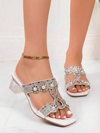 Sandalias de tacón alto con cristales para la playa para mujer, tacones de aguja de punta cuadrada con cristales