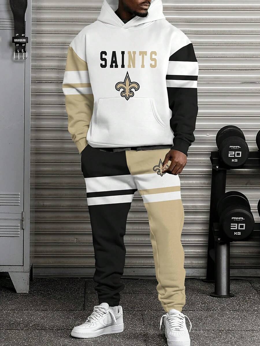 New O-Rleans Saints Casual Hoodie Jogging Sweatpants Tracksuit Set, Football Team Men's Tracksuit Set, Men's Game Day Hoodie Set - 彩色 - 查看 1