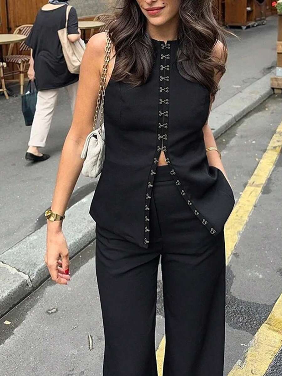 1 Set Setelan Wanita 2 Potong Warna Polos Elegan Kasual untuk Pesta dengan Kancing Depan, Cocok untuk Pakaian Kantor Musim Semi/Panas - Hitam - View 1
