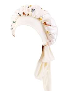 This Luxurious Satin Sleep Cap Features An Adjustable Bow Tie Design, Perfectly Suitable For Natural Long Hair, Curly Hair, And Braided Hairstyles. Available In Multiple Colors, It Is A Must-Have For Nighttime Hair Care, Soft And Comfortable, Caring For Healthy Hair. - Beige Butterfly - View 14