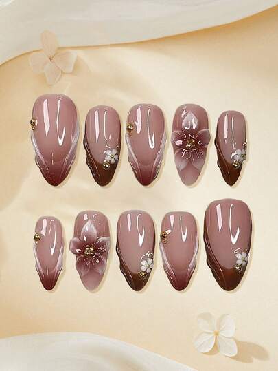 10 piezas Pegatinas de uñas con diseño floral francés en forma de almendra mediana, pegatinas de arte de uñas acrílicas hechas a mano, set de pegatinas de uñas DIY con efecto holográfico degradado Y2K, efecto en relieve 3D, diseño con strass y cuentas doradas, estilo clásico de cobertura completa, reutilizables, superficie lisa, adecuadas para salones de uñas, uñas diarias de niñas y mujeres, fiestas y regalos de vacaciones, set de arte de uñas, suministros de uñas, arte de uñas, ¡moda minimalista para elevar tu look!