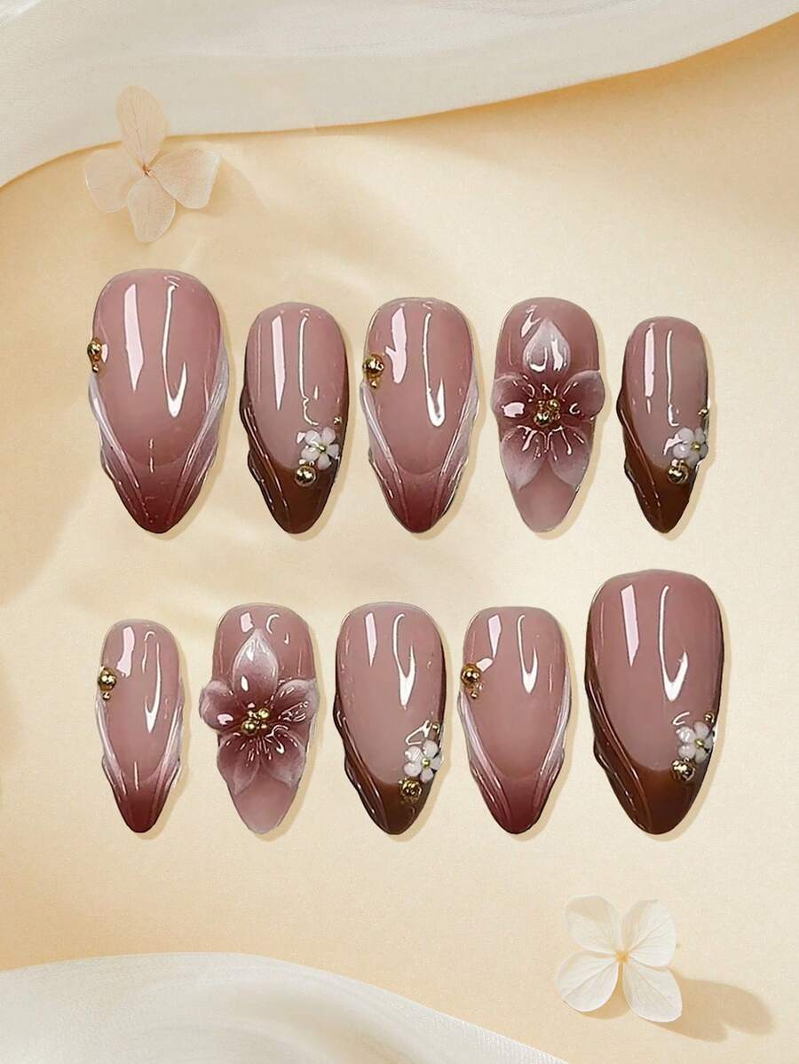 10片法式花卉中号杏仁形美甲贴纸，手工亚克力美甲贴纸，Y2K渐变全息DIY美甲贴纸套装，3D浮雕效果，水钻和金珠设计，全覆盖经典款式，可重复使用，表面光滑，适用于美甲沙龙、女孩和女士日常美甲、节日派对和礼物，美甲套装，美甲用品，美甲艺术，简约时尚，提升您的造型！