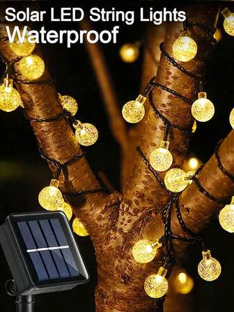 1 st soldrivna vattentäta LED-ljusslingor, 20/50/100 glödlampor, 5 m/7 m/12 m, 8 ljuslägen, solcellsljusslingor med kristallkula, utomhusträdgård, uteplats, fest, gårdsdekoration (varmvit), höstdekoration, utomhusdekoration