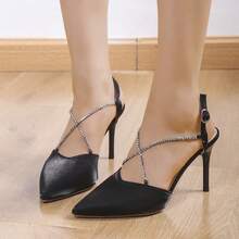 Silver Rhinestone Decor Pointed Toe Ankle Strap Sexy High Heel Sandals, Elegant French Style Open Toe Stilettos For Spring & Summer, Run Small By Half Size - Black - View 13