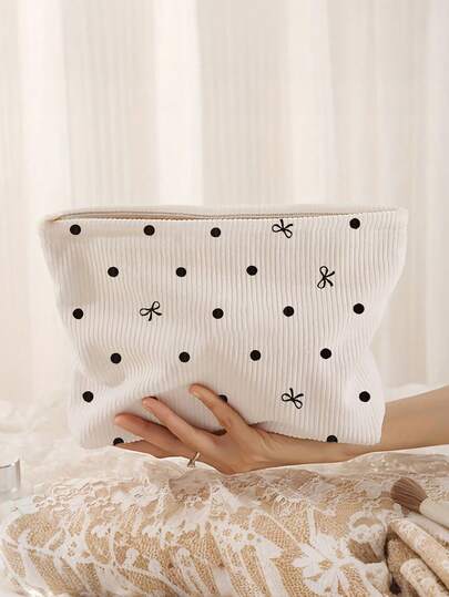 Beige Cute Makeup Bag Clutch With Bows And Polka Dots Print, Bohemian Style Design Made Of Corduroy, Comfortable, Large Capacity, Portable Travel Storage Bag With Zipper, A Must-Have For Dorms, Makeup Tools, A Gift For Girls Make Up Bag Makeup Pouch Cosmetic Bag Toiletry Bag Wash Bag Travel Essential Cruise Essential Vacation Essentials For Men Women Travel Containers Holiday Essential Gifts For Women