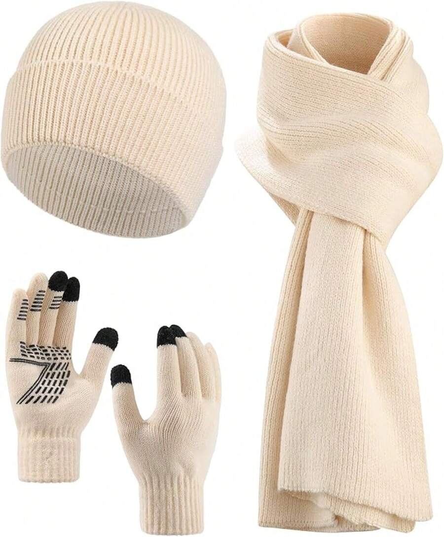 2026AWAYTR Women Winter Beanie Hat Scarf Gloves Set, 3Pcs Warm Knitted Hat Touchscreen Gloves Long Scarf For Cold Weather - 淺褐色的 - 查看 1