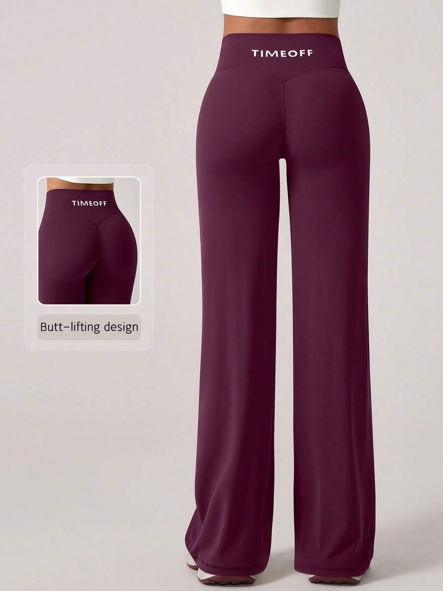 TimeOff 1pc Women's Simple Elastic V-Shaped Lifting Straight Wide-Leg Letter Print Sports Pants - Purple - View 1