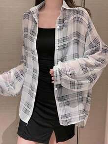 女士格子衬衫，夏季新款休闲宽松上衣 白色春季 - 白色 - 查看 4
