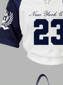 少女数字印花斜肩短袖上衣和裤子套装 - 寶藍色 - 查看 4