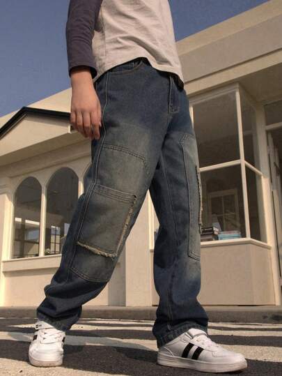 Vintage Washed Pocket Loose Straight Leg Jeans For Teenage Boys, Retro American Style, Middle & Large Teen Boy, Students