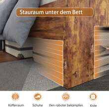 Wooden Double Bed 140 X 200 Cm, Antique Wooden Bed Frame With Iron Slatted Base And High Headboard, For Adults, Children And Teenagers, With Iron Tube Frame - Brown - View 4