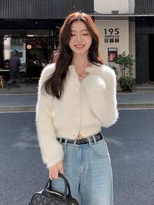 女士圆领开衫毛衣，秋冬新款，娇小休闲叠穿上衣 - 杏色 - 查看 5