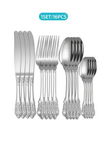 4/16/24pcs Silver/Gold Stainless Steel Vintage Cutlery Set, Steak Knife, Fork Spoon Dessert Spoon, For Home Kitchen Hotel Restaurant Party Festival Thanksgiving Easter Christmas Wedding, Home & Hotel Restaurant Tableware Combination, Kitchen Knife, Gift Cutlery Set, Western Restaurant Birthday Holiday Anniversary Cutlery Set, Machine Washer Washable