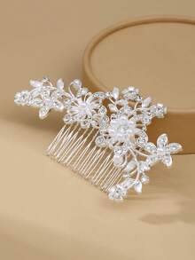 1 Set Silver & Gold Elegant Lady Princess Bride Hair Comb & Bun Accessories, Fashionable & Exquisite Pearl Plum Blossom Design,Wedding Hair Accessories - Silver Extended 064-y-yZ - View 6