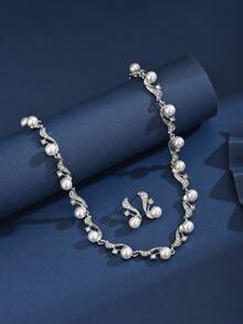 一套欧美风格仿珍珠项链耳环套装，小众百搭项链，时尚优雅耳环，适合女性日常或派对佩戴。 - 彩色 - 查看 2