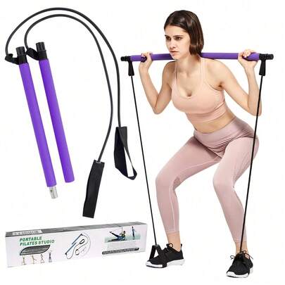 Barra de resistencia, juego de barra de entrenamiento de Pilates portátil, incluye banda de resistencia y anillos de tobillo, barra de yoga para el hogar, equipo de entrenamiento de fuerza unisex.