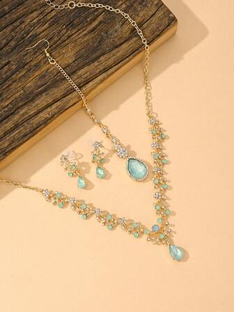 European And American Fashion Floral Waterdrop Pendant Necklace/Hair Chain/Rhinestone Earring Set, Sweet And Elegant Bridal Accessory Necklace, Earrings, Hair Chain Jewelry Set