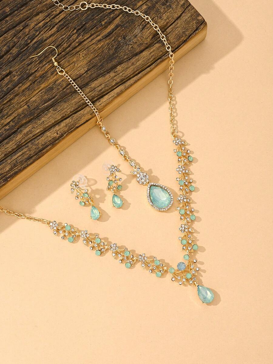 Sweet European And American Style Bridal Jewelry Set,Water Droplet With Flowers Design Pendant Hair Chain & Rhinestone & Necklace Set Suitable For Women's Party And Daily Wear,Festival Gift - Four-piece Set - View 1