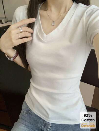 V领纯色修身短袖T恤