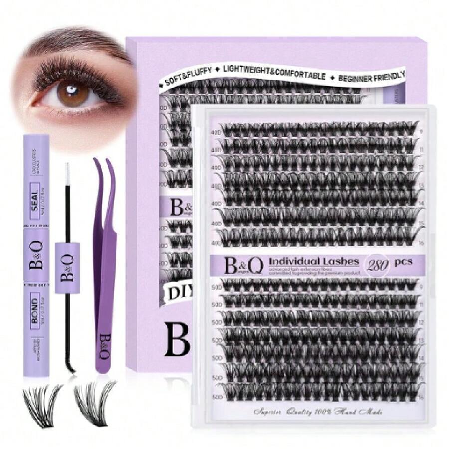 DIY Lash Extension Kit 280pcs Individual Lashes Cluster D Curl Eyelash Extension Kit Lash Clusters With Lash Bond And Seal And Lash Applicator Tool (KIT,40D+50D-D-9-16MIX),38504947 - Flutter Effect - View 1