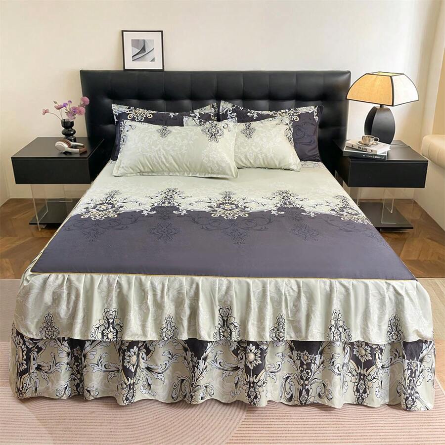 Juego de 3 piezas de falda de cama con estampado floral (1 falda de cama + 2 fundas de almohada, sin relleno de almohada), falda de cama estampada, juego de ropa de cama cómodo y antideslizante para dormitorio y habitación de invitados, adecuado para todas las estaciones - Patrón de flores dos - Ver 1