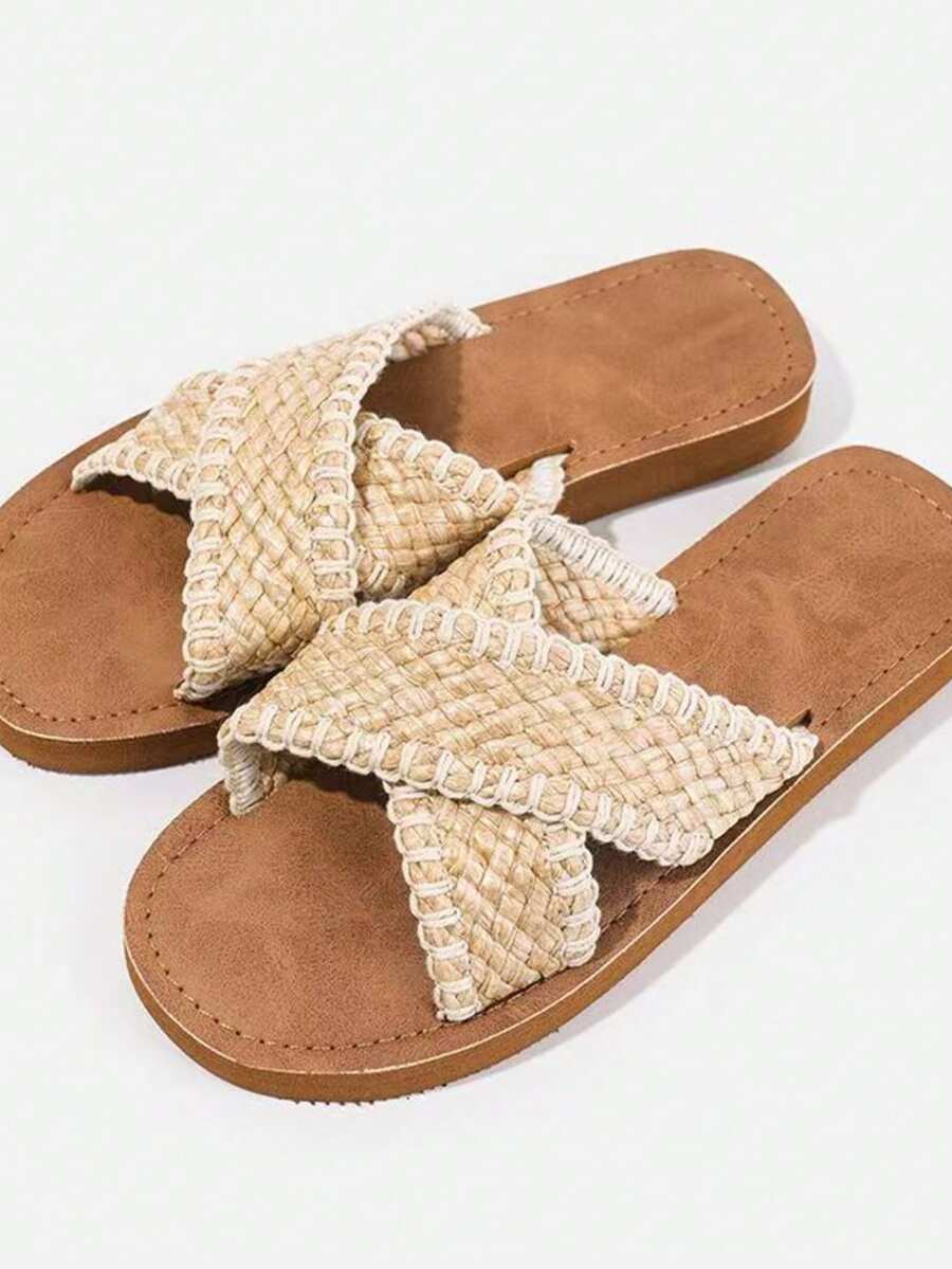 Women's Elegant Criss-Cross Straw Texture Beach Slippers, Fashionable Rope Strap Sandals, Suitable For All Seasons - Multicolor - View 1