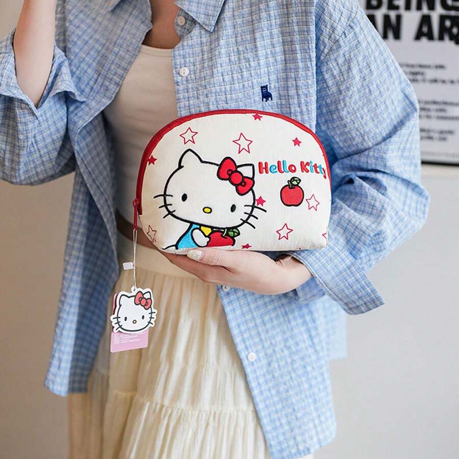 Túi đựng mỹ phẩm xách tay cao cấp thêu hình Hello Kitty chính hãng của Sanrio, có nhiều ngăn, kiểu dáng clutch, thích hợp trang trí phòng trang điểm. - Nhiều màu - Xem 1