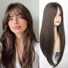 长直发假发片，棕黑色，60厘米，透气自然，带稀疏头顶刘海，可遮盖白发和头顶脱发，轻盈舒适，适合女性佩戴。 - 彩色 - 查看 11