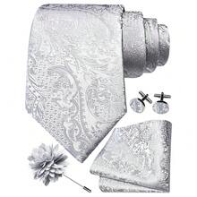 GUSLESON 8cm Paisley Tie Set For Men Necktie Lapel Pin Pocket Square Cufflinks Set For Men,Silver - Silver - View 1