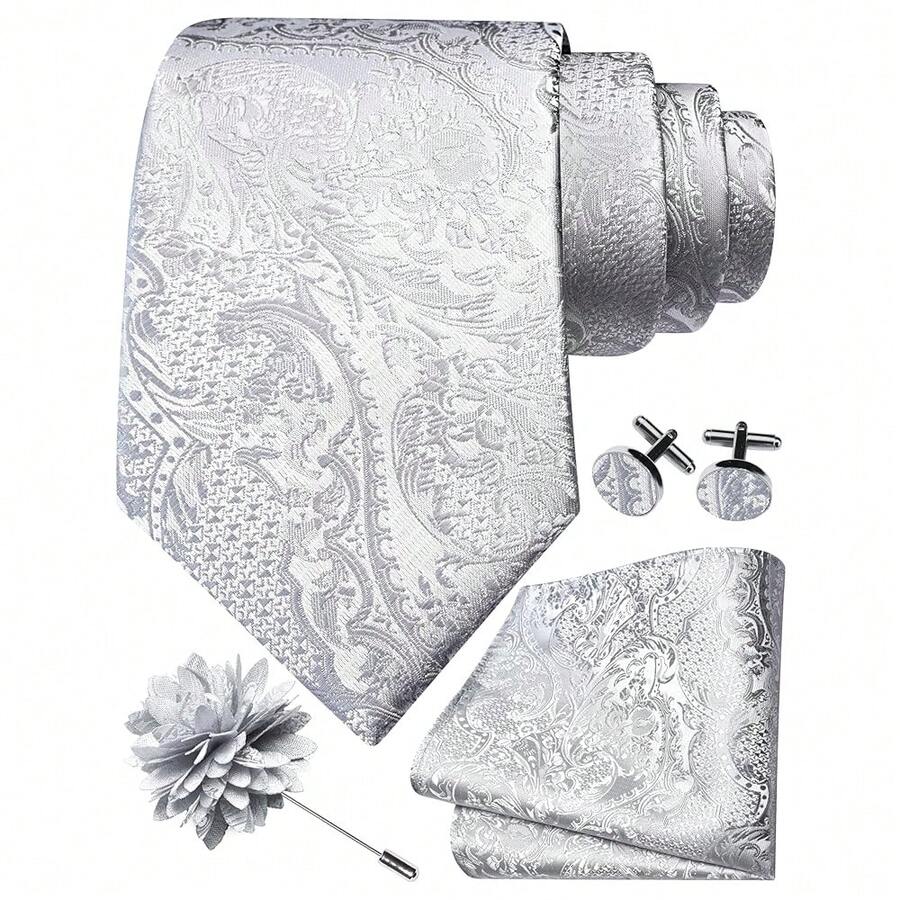 GUSLESON 8cm Paisley Tie Set For Men Necktie Lapel Pin Pocket Square Cufflinks Set For Men,Silver - Silver - View 1