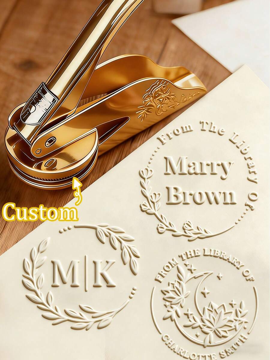 1pc Personalized Embossed Stamp, Custom Handmade Embossing Stamp, Logo Embossing Stamp, Wedding Logo Embossing Stamp, Library Book Embossing Stamp - Gold Color - Nhiều màu - Xem 1