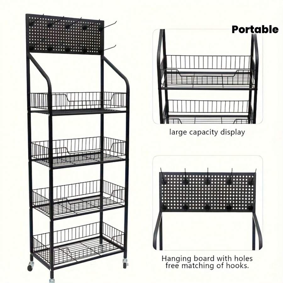 4-Tier Metal Retail Display Rack - 15 Hooks 4 Casters 4 Foot Pads, Easy Assemble Sturdy Space-Saving For Commercial Store Use - Black - View 1
