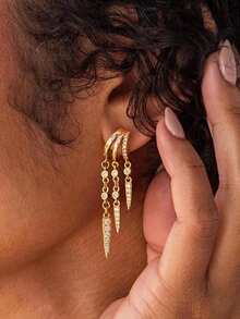 Hoop Earrings For Women,Dainty Dangle Chain Earrings Long Statement Triple Stud Earring Layered 14K Gold Plated Drop Earrings For Women Jewelry - Gold - View 3