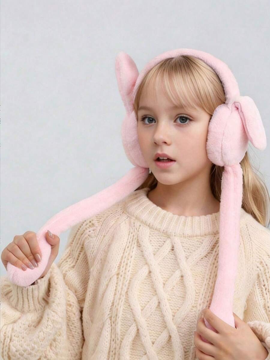 1个儿童纯色可爱兔耳可活动秋冬保暖耳罩，适合日常保暖和防寒 - 1PC - 查看 1