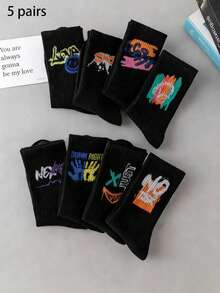 5/10 Pairs Spring/Summer Unisex Mixed Black & White Graffiti Street Style Casual Crew Socks, Simple Fashion Versatile Sweat-Absorbent Breathable Mid-Calf Socks For Couples - Multicolor - View 13