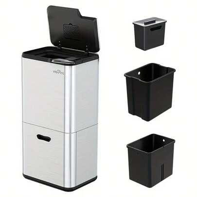 [Silent Close Trash Bin] MVm 63L Stainless Steel 3-Compartment Trash Bin | Silent Close & Odor Lock | Drawer + Button Pedal Two Switching Modes | 3 Removable Buckets | Smudge-Proof & Rustproof | Suitable For Kitchen/Office Waste Recycling