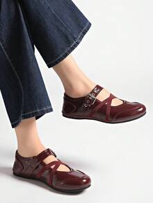 Giày Mary Jane màu đỏ retro đa năng mùa xuân 2025, giày da đế bằng mũi tròn phong cách thường ngày dành cho nữ. - Màu Đỏ Sâu - Xem 8