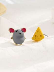 一对时尚不对称可爱动物耳环，甜美优雅的个性化耳环，适合女性日常佩戴或作为礼物 - 彩色 - 查看 2