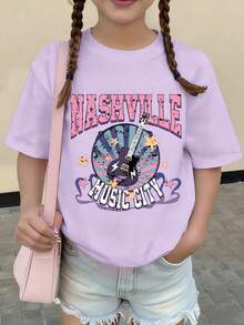 1pc Girls Casual Nashville Print Round Neck Short Sleeve T-Shirt, Summer Student Youth Apparel Musical Style Inspiring Imagination And Self-Expression - Mauve Purple - View 10