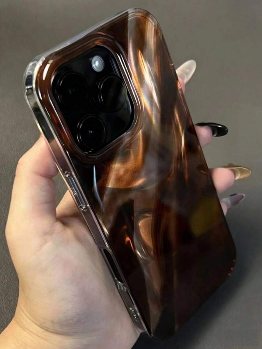 Luxury Laser Ombre Brown Marble Pattern Phone Case, Compatible With IPhone 17 Pro Max, 17 Pro, 17, 16, 15, 14, 13, 12, 11, Retro Shock-Resistant Soft Shell, Autumn/Winter - Amber - View 1