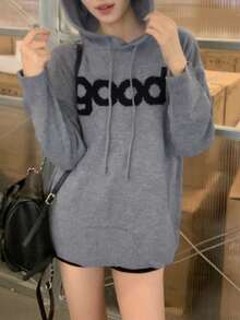 Women's Casual Daily Letter Pattern Drawstring Hooded Sweater - Grey - View 7
