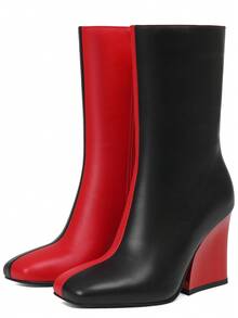 Women's Ankle Booties Chunky Heel  Square Toe Short Boots Pull On Biker Boot Back Zipper Gogo Boots Fashion Fall Bootie - 黑紅色 - 查看 5