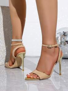 Women's High Heel Sandals, Stiletto Heel Strap Elegant Dress Shoes, New Summer Pointed Toe Peep Toe Thin High Heel One-Buckle Minimalist High Heels - Apricot - View 8